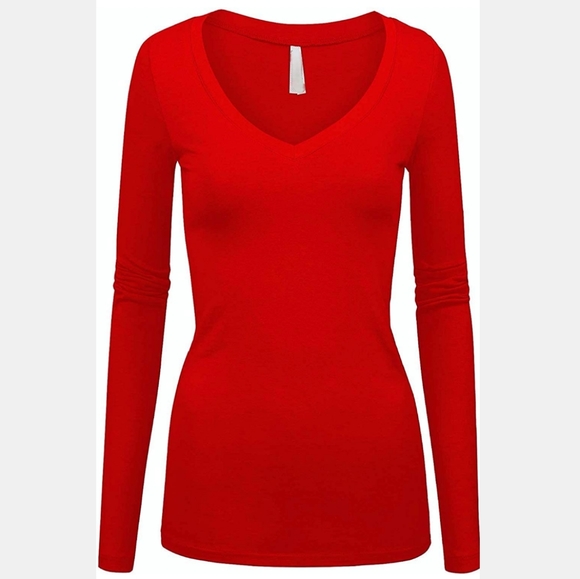 Red long sleeve deep v-neck fitted solid shirt top - Picture 3 of 3
